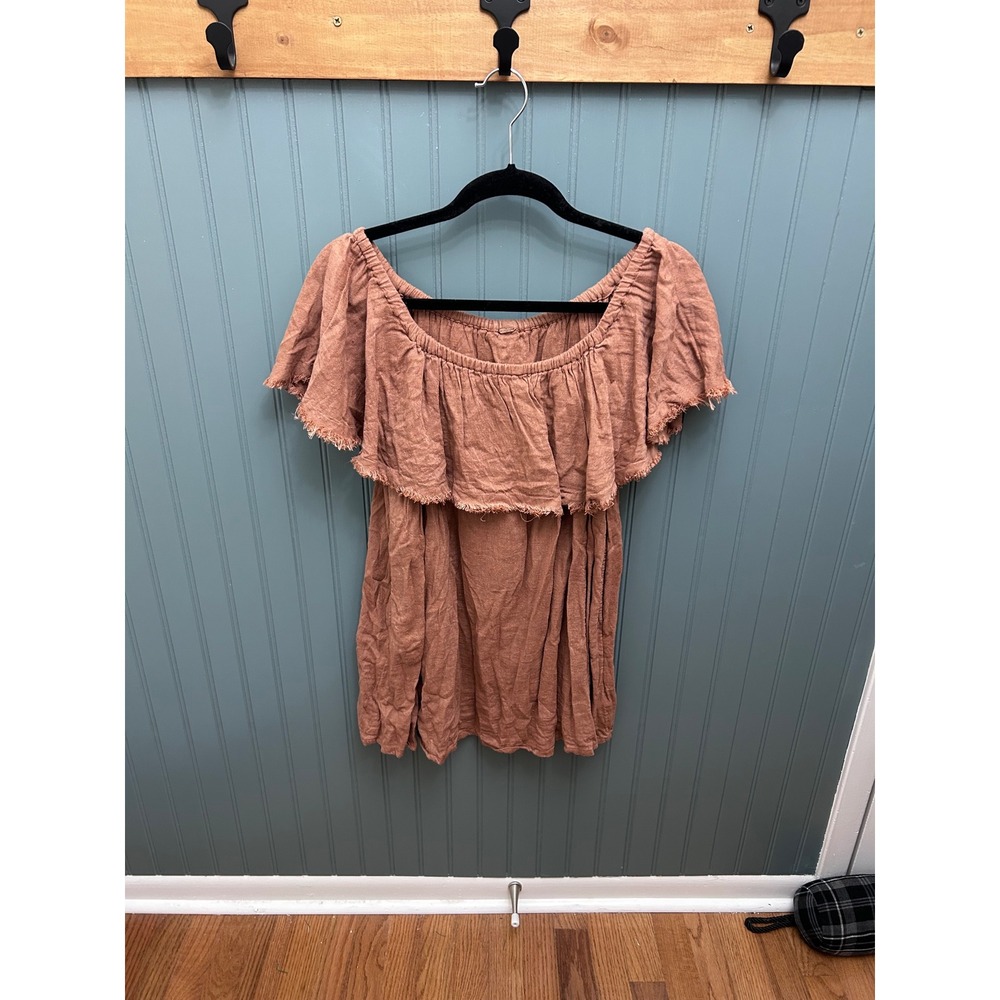 Free People Off The Shoulder Gauze Ruffle top‎ rust Fringe Boho